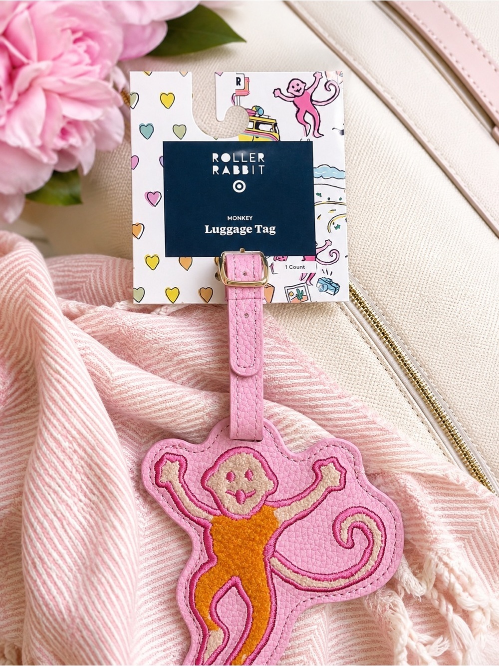 Roller Rabbit Pink and Orange Monkey Luggage Tag